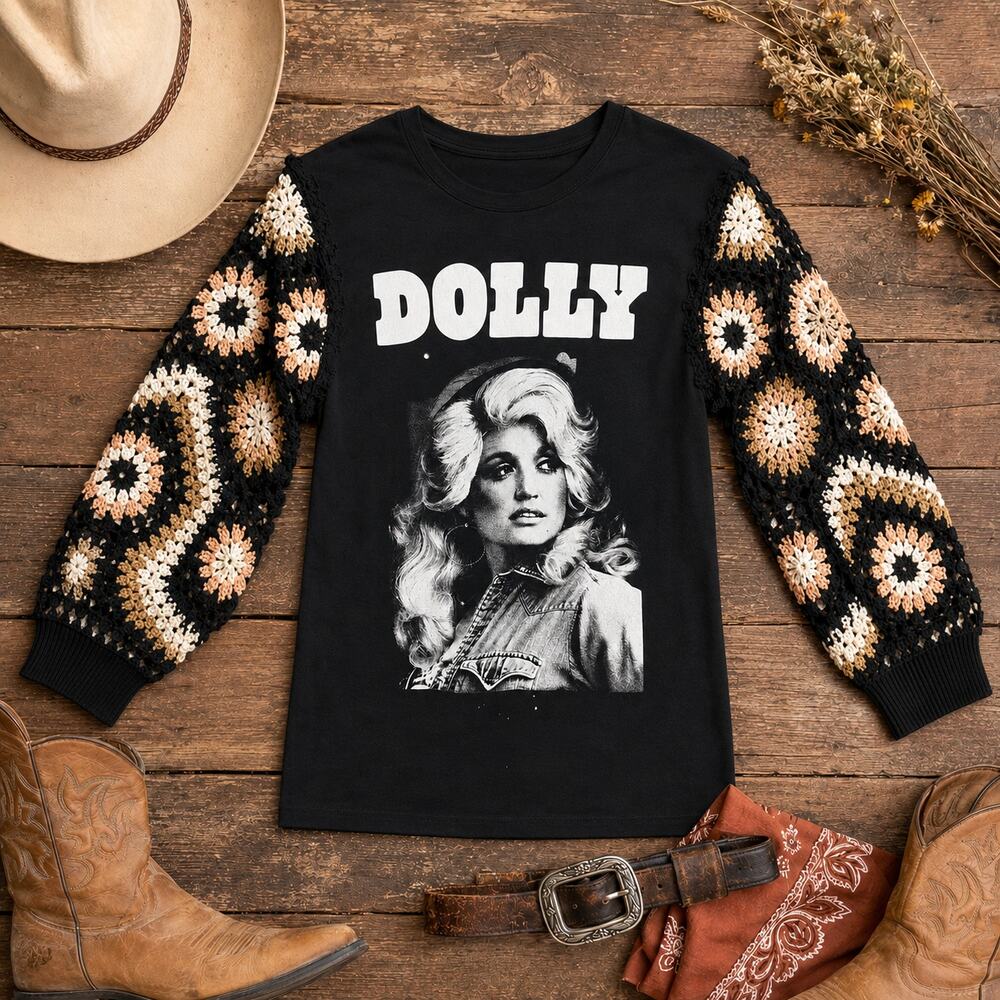 Dolly Parton Upcycled Shirt Women M Crochet Sleeve Granny Square Boho Top